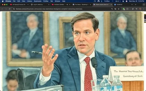 The image shows a man, identified as Secretary of State Marco Rubio, testifying before a committee. He is seated at a table with a microphone in front of him. Rubio is wearing a dark suit with a white shirt and a red tie. His hair is dark and neatly styled. He is gesturing with his right hand, which is raised, while his left hand rests on the table. His expression appears serious and engaged as he speaks.

In the background, there are blurred figures, likely other individuals present at the hearing, and a large framed portrait is visible on the wall behind him. The setting appears to be a formal government hearing room, indicated by the arrangement of the table and the presence of microphones.

On the table in front of Rubio, there is a nameplate that reads "The Honorable Marco A. Rubio." The image is accompanied by text that provides context about the event, mentioning a budget hearing for the Department of State and related programs. The date noted is May 21, 2025, and the photo credit is attributed to Jose Luis Magana.

Additionally, the upper part of the image contains a browser window with various tabs open, including news articles and videos related to political topics. The right side of the image features a section labeled "Fox News Politics," which includes a prompt to subscribe for updates on political content. 

Overall, the image captures a moment of political discourse in a formal setting, highlighting the role of a government official in addressing important issues.