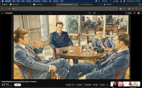 The image depicts a scene from a restaurant or bar setting, featuring four men seated around a round wooden table. The background shows a well-lit area with large windows, revealing a glimpse of a dining area with patrons. 

1. **People**:
   - **Man on the left**: He has light brown hair, styled neatly, and is wearing a gray suit with a white shirt and a red tie. He is holding a glass with a drink, appearing to take a sip. His expression is serious and contemplative.
   - **Man in the center**: He has dark hair and is dressed in a dark suit with a red tie. He is leaning back in his chair, looking relaxed but attentive, with a slight smile on his face.
   - **Man on the right**: He has short dark hair and is wearing a gray suit with a white shirt and a red tie. He is sitting with his hands clasped on the table, looking directly at the man across from him, with a neutral expression.
   - **Man on the far right**: He has dark hair and is dressed in a dark suit with a white shirt and a red tie. He is leaning forward slightly, engaged in the conversation, with a focused expression.

2. **Clothing**: All four men are dressed in formal business attire, primarily consisting of suits, dress shirts, and ties. The color palette includes gray, dark blue, and red.

3. **Table Setting**: The table has several items on it:
   - A glass of what appears to be whiskey or a similar drink.
   - A bottle of beer or a similar beverage.
   - A small glass with a yellow drink, possibly a cocktail.
   - A black object that resembles a small bag or case.
   - A coaster with a logo, though the logo is not clearly visible.

4. **Background**: The setting is upscale, with elegant decor. The walls are painted in light colors, and there are plants visible in the background. The restaurant appears to be busy, with other patrons visible in the background, engaged in conversation.

5. **Lighting**: The lighting is warm and inviting, contributing to the upscale atmosphere of the establishment.

Overall, the image captures a moment of conversation among four men in a sophisticated dining environment, with a focus on their attire and the drinks on the table.