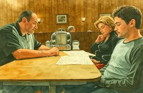 The image depicts a scene set in a diner, characterized by a warm, wooden-paneled interior. The lighting is soft, with wall-mounted sconces providing illumination. 

At the center of the image, three individuals are seated at a table. The table is rectangular with a yellowish surface, and there are two menus laid open in front of them. The menus feature printed text, but the specific details of the text are not legible in the image.

1. **Individuals:**
   - **Left Side:** A man with a bald head and a prominent build is seated. He is wearing a black and gray short-sleeved shirt with a collar. His expression appears serious as he looks down at the table, resting his hands on it. He has a gold bracelet on his left wrist.
   - **Center:** A woman with blonde, styled hair is seated next to the man. She is wearing a black, long-sleeved top with a scoop neckline and a pattern of white dots. She appears to be deep in thought, with her right hand resting on her chin, and she is looking down at the table.
   - **Right Side:** A young man with short, dark hair and a well-groomed beard is seated on the right. He is wearing a gray long-sleeved shirt with darker sleeves. His expression is focused as he looks at the menu in front of him.

2. **Background:** In the background, there are additional patrons visible, though their faces are not clearly discernible. There is a jukebox-like object on the table, which is metallic and has a retro design. A small container, possibly for condiments, is also visible on the table.

3. **Setting:** The overall atmosphere suggests a casual dining experience typical of a diner, with wooden paneling and simple furnishings. The presence of framed pictures on the walls adds to the diner aesthetic.

The image captures a moment of contemplation among the three individuals, with no overt actions or interactions occurring beyond their focused attention on the menus.