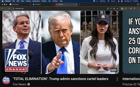 The image features a collage of three individuals, each positioned in separate sections. 

1. **Left Section**: 
   - A man is visible, wearing glasses and a dark suit with a light blue tie. His hair is gray and styled neatly. He appears to be speaking or addressing an audience, with a microphone in front of him. The background is slightly blurred, suggesting an outdoor setting, possibly a press conference or public event.

2. **Middle Section**: 
   - The central figure is a man with light-colored hair, styled back, and wearing a dark suit with a white shirt and a blue tie. He is pointing with his right hand, and his expression appears serious or assertive. The background is also slightly blurred, but it seems to be a neutral outdoor setting.

3. **Right Section**: 
   - A woman is depicted wearing a dark baseball cap with a badge emblem, a white long-sleeve top, and her hair is long and wavy. She appears to be speaking or addressing someone, with her hands positioned near her waist. The background shows a barred structure, suggesting a prison or detention facility, with several individuals visible behind the bars, appearing to be inmates.

**Text Elements**: 
- At the bottom of the image, there is a logo for "Fox News Channel," prominently displayed. 
- Below the logo, there is a headline that reads: “'TOTAL ELIMINATION': Trump admin sanctions cartel leaders.” 
- On the right side of the image, there is additional text that states: “IF YOU ANSWER 25 QUESTIONS CORRECTLY ON THE TEST,” indicating a possible quiz or challenge.

**Overall Setting**: 
The image appears to be a news-related graphic, likely intended for a segment discussing political or legal matters, particularly involving sanctions related to cartel leaders. The use of the Fox News logo suggests that this content is associated with that media outlet. The overall tone of the image is serious, reflecting the nature of the topics being addressed.