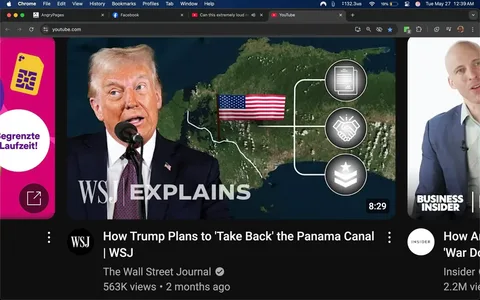 The image is a screenshot of a YouTube video interface. The video is titled "How Trump Plans to 'Take Back' the Panama Canal" and is published by The Wall Street Journal (WSJ). The video has garnered 563,000 views and was uploaded two months ago. 

In the foreground, there is a close-up of a man speaking into a microphone. He has light-colored hair styled in a comb-over and is wearing a dark suit with a white shirt and a black tie. His facial expression appears animated, with his mouth open as if he is making a point. 

In the background, there is a map of Panama, prominently featuring the Panama Canal. An American flag is displayed on the map, indicating a connection to the United States. There are three circular icons on the right side of the image, each containing different symbols: one appears to depict a document or contract, another shows a handshake, and the third features a star, possibly indicating military or governmental significance.

The video interface includes a black bar at the bottom with the title of the video in white text, and the WSJ logo is visible. To the left of the video, there is a colorful advertisement featuring a pink and purple design with text in German that reads "Begrenzte Laufzeit!" which translates to "Limited Time!" 

The overall setting is digital, as indicated by the YouTube interface, with various elements typical of a video platform, such as the play button, view count, and channel name. The background map of Panama provides geographical context related to the video's content.
