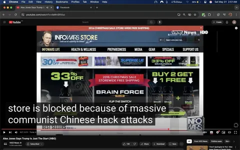 The image displays a screenshot from a video featuring a webpage for "Infowars Store." The top of the page includes a banner stating "2016 Christmas Sale: Store-Wide Free Shipping" in bold red text. Below this banner, there is a prominent logo for "Infowars Store," which features a stylized font.

The webpage is divided into sections, with the left side labeled "Infowars Life," "Health & Wellness," "Preparedness," "Media," "Gear," "Specials," and "Support Us." Each section appears to offer various products or services related to the respective categories.

In the center of the page, there are several promotional offers. One section highlights "30% OFF Infowars Life Bio-True Selenium," while another indicates "33% OFF Brain Force Plus." The "Brain Force Plus" product is visually represented with a black bottle featuring a logo that resembles a stylized letter "V." There is also a promotional offer stating "Buy 2 Get 1 Free" next to images of the Brain Force products.

The background of the webpage is primarily white and gray, with colorful accents for the promotional offers. The bottom of the image includes a video player interface with a play button, a timeline, and options to subscribe, share, or download the video. The text overlay states, "store is blocked because of massive communist Chinese hack attacks," indicating a message related to the video's content.

No identifiable people are present in the image, and the focus remains on the webpage and its promotional content. The overall setting is a digital storefront, likely intended for online shopping.