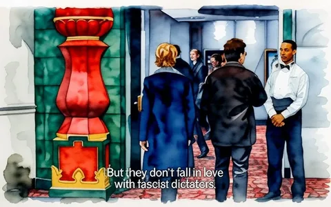 The image depicts a scene inside a theater or cinema. The setting features a colorful wall with a large, ornate red and green decorative element resembling a vase or a pedestal. The wall is predominantly green, with the red decorative piece standing out prominently. The floor is covered with a patterned carpet that includes shades of red and gold, suggesting a vintage or classic cinema aesthetic.

In the foreground, a group of people is seen walking away from the camera. The person on the left has short, light-colored hair and is wearing a black coat. They are facing away from the camera, revealing a gray scarf around their neck. The second person, slightly behind, is dressed in a dark coat and appears to be engaged in conversation with a third individual, who is wearing a white shirt with a black bow tie and a gray waist apron, indicating they are likely a staff member or usher.

In the background, several other people can be seen, some of whom are partially obscured. The lighting in the area is soft, with a warm ambiance typical of a theater environment. There are also movie posters visible on the walls in the background, although the titles and images on the posters are not clear.

The text overlay at the bottom of the image reads: "But they don't fall in love with fascist dictators." This suggests a dialogue or commentary related to the scene, but the context is not visually evident from the image alone.

Overall, the image captures a moment in a bustling theater environment, highlighting both the architectural details and the interactions among the individuals present.