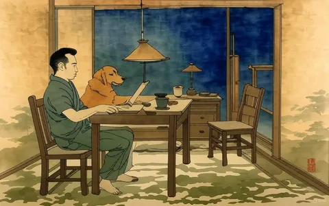 The image depicts a dimly lit interior scene, likely a room or office. The primary light source is a table lamp positioned on a desk, casting a warm glow that highlights certain areas while leaving others in shadow. 

In the foreground, a person is seated at the desk, their silhouette visible against the light. They appear to be engaged with a laptop or some form of electronic device. The individual is wearing a dark shirt, and their hair is short and neatly styled. Their posture suggests concentration, with one hand raised, possibly interacting with the device or resting on it.

Next to the person is a dog, likely a golden retriever, whose face is illuminated by the lamp's light. The dog appears to be looking up at the person, creating a sense of companionship in the scene.

The desk is cluttered with various items, including what looks like a picture frame, some papers, and possibly a drink. The background features a window with curtains drawn, and there are hints of additional furnishings, such as a chair and a small table or shelf with items that are not clearly visible due to the lighting.

On the left side of the image, there is a partially visible wall with some artwork or decorative items, including a patterned piece that resembles a quilt or tapestry. The floor is wooden, and the overall ambiance of the room suggests a cozy, intimate setting, likely during the evening or night.

The image conveys a quiet moment of focus and companionship, with the interplay of light and shadow creating a warm, inviting atmosphere.