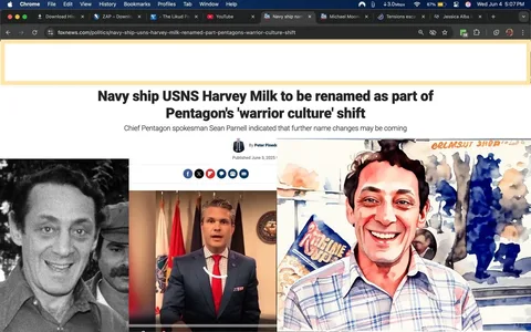 The image displays a webpage from Fox News featuring an article titled "Navy ship USNS Harvey Milk to be renamed as part of Pentagon's 'warrior culture' shift." The headline is prominently displayed in bold black text. Below the headline, there is a subheading that reads, "Chief Pentagon spokesman Sean Parnell indicated that further name changes may be coming," also in black text. The article is authored by Peter Pinedo and is dated June 3, 2025, at 9:02 PM EDT.

In the center of the image, there is a video still of a man speaking. He has short, styled light brown hair and is wearing a dark blue suit with a light blue checkered shirt and a red tie. The tie features a small white pattern. He appears to be standing in front of a backdrop that includes several flags: a red flag, a flag with a seal, and a black flag, among others. The man is looking directly at the camera with a neutral expression, and his hands are positioned in front of him, possibly gesturing as he speaks.

The background includes elements that suggest a formal setting, likely within a government or military context, given the presence of flags and the man's attire. The webpage also features a navigation bar at the top with links to various sections of the Fox News site, including options for history, bookmarks, and profiles. There are also icons for social media sharing (Facebook, X, etc.) below the article title.

Overall, the image captures a news article focused on a significant topic related to military naming conventions, with a clear visual of a spokesperson addressing the issue.