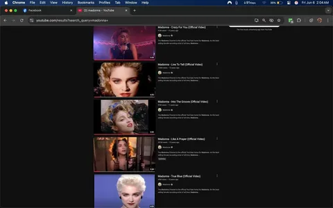 The image displays a screenshot of a YouTube search results page featuring videos related to the artist Madonna. The interface is dark-themed, consistent with YouTube's design, and shows a series of video thumbnails arranged vertically.

1. **Readable Text**: 
   - The top of the page shows the URL: "youtube.com/results?search_query=madonna+".
   - The search bar is visible, indicating the search term "madonna".
   - Each video thumbnail includes the title of the video, the channel name ("Madonna"), the number of views, and the upload time. 
   - Titles include:
     - "Madonna - Crazy For You (Official Video)" with 911 million views, uploaded 15 years ago.
     - "Madonna - Live To Tell (Official Video)" with 911 million views, uploaded 13 years ago.
     - "Madonna - Into The Groove (Official Video)" with 911 million views, uploaded 11 years ago.
     - "Madonna - Like A Prayer (Official Video)" with 3.5 million views, uploaded 15 years ago.
     - "Madonna - True Blue (Official Video)" with 696 million views, uploaded 13 years ago.
   - The channel description states: "The Madonna Channel is the official YouTube home for Madonna. As the best-selling female recording artist of all time..."

2. **Visible Brands and Logos**: 
   - The YouTube logo is present in the top left corner of the page.
   - The interface features standard YouTube elements like video thumbnails, play buttons, and view counts.

3. **People's Appearance**: 
   - The thumbnails feature images of Madonna, showcasing various hairstyles and looks. 
   - In the thumbnails, she appears with different hairstyles, including curly and straight hair, often styled in a glamorous fashion typical of her music videos.
   - Her facial expressions vary across the thumbnails, but they generally convey confidence and allure.

4. **Setting and Background**: 
   - The background is a digital interface of the YouTube website, with a black background and red accents typical of the platform.
   - There are no physical settings or environments depicted, as this is a digital representation of video content.

5. **Public Figure Identification**: 
   - The artist featured prominently in the thumbnails is Madonna, a well-known public figure and music artist.

Overall, the image is a digital representation of a YouTube search results page, focusing on music videos by Madonna, with clear text and identifiable elements related to the platform and the artist.