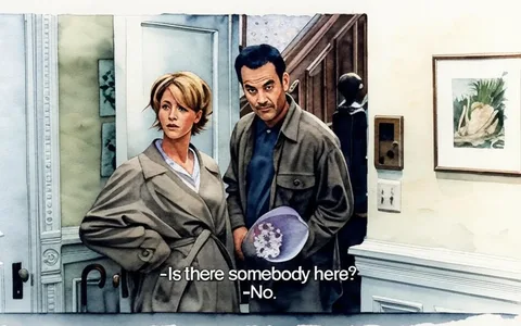 The image depicts two individuals standing in a doorway of a home. The setting appears to be an interior space, likely a hallway or entrance area. 

**Visible Characters:**
1. **Female Character:**
   - She has short, wavy blonde hair styled in loose curls.
   - She is wearing a light-colored trench coat, which is belted at the waist.
   - Underneath the trench coat, she has on a white shirt with blue stripes.
   - Her expression seems to convey concern or curiosity as she looks slightly to her left.

2. **Male Character:**
   - He has short, dark hair and is wearing a dark jacket over a green shirt.
   - He is holding a light purple bowl filled with white flowers, possibly daisies.
   - His expression appears to be one of surprise or confusion as he looks towards the female character.

**Background and Setting:**
- The background features a staircase with wooden railings, indicating a multi-level home.
- The walls are painted a light color, and there is a patterned wallpaper visible in the upper part of the image.
- To the right, there is a framed picture of swans in a natural setting, adding a decorative touch to the wall.
- An intercom or doorbell device is mounted on the wall next to the picture, suggesting it is an entryway.

**Text:**
- The dialogue displayed at the bottom of the image reads:
  - "Is there somebody here?" (female character)
  - "No." (male character)

The overall atmosphere of the scene suggests a moment of uncertainty or inquiry, as the characters appear to be checking for someone’s presence in the house. The lighting is warm, contributing to the homey feel of the environment.