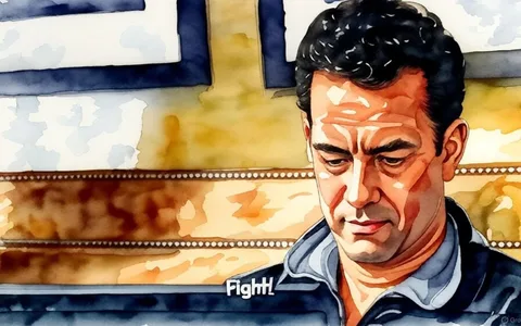 The image features a man with short, dark hair and a slight wave, sitting in a relaxed posture. He appears to be focused on a laptop or a similar device in front of him. The man is wearing a black zip-up jacket with a gray collar, which is partially unzipped. His expression is serious and contemplative, with furrowed brows and slightly pursed lips, suggesting he is engaged in something important or intense.

In the background, there are two framed pictures hanging on the wall, which are not clearly visible but suggest a decorative setting. The wall itself is a light color, possibly beige or cream, providing a neutral backdrop. The man is seated on a brown leather couch, which has a tufted design and decorative nailhead trim along the top edge. The couch appears to be well-maintained and adds a touch of elegance to the setting.

The visible text in the image reads "Fight!" in a bold, white font, positioned at the bottom of the frame. This text appears to be a caption or dialogue, possibly indicating a moment of urgency or action related to what the man is viewing.

Overall, the scene conveys a sense of focus and intensity, with the man deeply engaged in whatever is displayed on his device, set against a comfortable and stylish background.