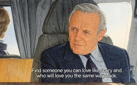 The image depicts a scene from a film featuring two male characters seated inside a private jet. 

**Readable Text:**
- The text displayed at the bottom of the image reads: "Find someone you can love like crazy and who will love you the same way back."

**Visible Characters:**
1. **Character on the Left:**
   - The character is partially visible, with their back facing the camera. They have short, light-colored hair and are dressed in a dark suit. The collar of a white shirt is visible, but no further details of their appearance can be discerned due to the angle.

2. **Character on the Right:**
   - This character is more prominently featured. He has gray hair styled back and is wearing a dark suit with a light blue and white striped dress shirt. A dark tie is also visible. His facial expression appears serious and contemplative, with furrowed brows and a slight frown. He is looking towards the left character, indicating engagement in conversation.

**Setting and Background:**
- The interior of the private jet is visible, characterized by plush, light-colored leather seats. The background shows a window with a view of the sky, suggesting the aircraft is in flight. The walls of the jet are a muted color, contributing to a luxurious atmosphere. 

**Environmental Context:**
- The setting is clearly a private jet, indicated by the seating arrangement and the window view. The overall ambiance suggests a private and intimate conversation taking place, likely in a business or personal context.

No logos, brands, or trademarks are visible in the image. The focus remains on the characters and their dialogue, with no additional objects or products present in the frame.