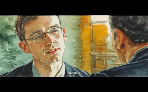 The image features a close-up of a young man engaged in conversation. He has short, light brown hair and is wearing clear eyeglasses. His expression appears serious and focused as he speaks. He is dressed in a dark suit with a white shirt underneath, and the collar of the shirt is visible. The background is softly blurred, suggesting an indoor setting, possibly an office or a meeting room, with warm lighting that creates a slightly muted atmosphere. 

In the background, there is a hint of a lamp or light source, contributing to the overall warm tone of the image. The young man is looking slightly to his left, indicating he is speaking to someone off-camera. The text at the bottom of the image reads, "A gangster," in a simple, sans-serif font, centered and clearly legible against the background. 

The other person in the conversation is not fully visible, as only part of their head and shoulder are shown on the right side of the frame. This individual appears to be wearing a dark suit as well, but specific details about their appearance are not discernible due to the angle and focus of the shot. 

Overall, the composition emphasizes the young man's facial features and expression, while the background remains unobtrusive, allowing the viewer to focus on the dialogue being conveyed. The lighting and setting suggest a formal or serious context for the conversation.