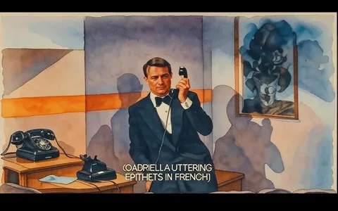 The image depicts a man seated at a wooden table in a room with a minimalist design. He is dressed in a black tuxedo with a white dress shirt and a black bow tie. His hair is neatly styled, and he has a serious expression on his face as he holds a black telephone receiver to his ear with his right hand. The background features a wall painted in light colors, with a horizontal orange stripe running across it. 

To the right of the man, there is a framed painting that appears to depict a still life with a vase and flowers, rendered in abstract style. The colors in the painting are muted, with shades of green, brown, and gray. The lighting in the room is soft, creating a calm atmosphere.

On the table, there is a black rotary telephone and a blue piece of paper, which is partially visible. The man's shadow is cast on the wall behind him, adding depth to the scene. The subtitle at the bottom of the image reads, "(GABRIELLA UTTERING EPITHETS IN FRENCH)," indicating that there is dialogue occurring off-screen.

Overall, the setting appears to be an indoor space, possibly a hotel room or a private office, characterized by its simple yet elegant decor. The focus is on the man and his conversation, with no additional people or distractions visible in the frame.