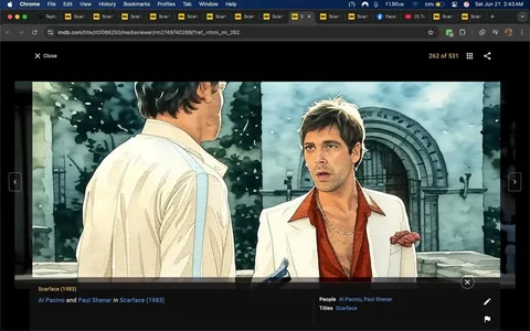 The image depicts a scene from the film "Scarface" (1983). In the foreground, two male characters are engaged in a conversation. 

1. **Characters**:
   - The character on the left is wearing a light-colored, open-collared shirt with a white jacket. The shirt has a subtle sheen and appears to be made of a lightweight fabric. His hair is dark and slicked back, and he has a serious expression on his face.
   - The character on the right has a more intense expression. He is dressed in a white suit with a red shirt underneath, which is unbuttoned at the collar, revealing a gold chain around his neck. His hair is dark and styled in a slightly tousled manner. He appears to be looking directly at the other character, conveying a sense of urgency or confrontation.

2. **Facial Expressions**:
   - The character on the left has a neutral expression, possibly indicating concern or contemplation.
   - The character on the right looks intense and focused, with his eyebrows slightly furrowed and mouth slightly open, suggesting he is in the midst of making a point or expressing strong feelings.

3. **Setting**:
   - The background features a blurred architectural structure, possibly a building with a decorative archway. The setting appears to be outdoors, with greenery visible, indicating a well-maintained area, possibly a garden or courtyard.

4. **Lighting**:
   - The lighting is bright, suggesting it is daytime. The sunlight casts soft shadows, enhancing the details of the characters' clothing and expressions.

5. **Overall Composition**:
   - The image is framed to focus on the two characters, with the background slightly out of focus, drawing attention to their interaction. The contrast between the white suit and the red shirt of the character on the right is visually striking.

No logos, trademarks, or additional text are visible in the image. The overall atmosphere suggests a pivotal moment in the narrative of the film, characterized by tension and drama.