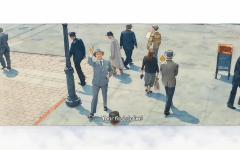The image depicts a bustling street scene with several people walking in various directions. In the foreground, a man stands prominently, wearing a light gray suit and a light-colored fedora hat. He has a confident posture, raising his right hand, which holds what appears to be a dollar bill, while his left hand is positioned at his waist. His facial expression is animated, suggesting he is trying to attract attention, possibly to promote something.

Surrounding him are several other individuals. To his left, a man in a dark suit and a police officer's cap walks past, while another man in a gray suit follows closely behind. A woman in a long, light-colored coat and a black hat walks in the opposite direction, and a man in a plaid shirt and a cap is seen further back, holding a sign or paper. A woman in a dark outfit carries a handbag and walks alongside another man in a light-colored suit.

In the background, the street is paved with cobblestones, and there are several lampposts. A blue mailbox with the label "U.S. MAIL" is visible on the right side of the image. The setting appears to be a city street, likely in a historical context, given the clothing styles of the individuals. The overall atmosphere suggests a busy urban environment, possibly during a promotional event or a market day, indicated by the man's enthusiastic gesture and the presence of pedestrians. 

No specific brands, logos, or trademarks are visible in the image aside from the mailbox. The text "Your first dollar!" is prominently displayed at the bottom of the image, indicating the man's message or promotion. The scene captures a moment of interaction in a lively public space.