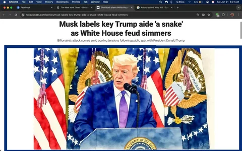 The image features a news article from Fox Business, with the headline "Musk labels key Trump aide 'a snake' as White House feud simmers." The article is authored by Eric Revell. Below the headline, there is a subheading that states, "Billionaire's attack comes amid cooling tensions following public spat with President Donald Trump."

In the center of the image, there is a photograph of a man speaking at a podium. He appears to be Donald Trump, identifiable by his hairstyle and facial features. He is wearing a dark suit with a light blue tie and a white shirt. His expression is serious, and he is looking slightly to his left while speaking into a microphone positioned in front of him. 

The background consists of multiple American flags and a large presidential seal, indicating that this event is taking place in a formal setting, likely within the White House or a similar official venue. The flags are arranged in a way that they frame the speaker, adding to the formal atmosphere of the scene.

On the right side of the image, there are stock market quotes displayed, showing various indices such as the Dow Jones Averages, NASDAQ Composite Index, and S&P 500. Each index has corresponding numerical values and indicators of performance, with some values highlighted in green and others in red, indicating changes in stock prices.

At the bottom right corner, there is a section titled "Get Our Newsletter," inviting readers to subscribe for updates. The overall layout of the article includes a mix of text and visual elements, with the photograph taking a prominent position above the article's content.

The image is set against a digital backdrop, with a browser interface visible at the top, indicating that this is a screenshot from a web page. The time displayed in the top right corner shows 6:01 AM on June 21, suggesting the date and time the screenshot was taken. The battery and Wi-Fi indicators are also visible, indicating the device's status.