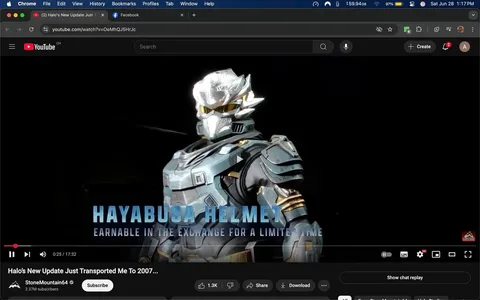 The image displays a character from a video game, specifically showcasing a detailed armored figure wearing a helmet. The character is likely from the "Halo" franchise, as indicated by the text in the image. 

### Observable Details:
- **Character Appearance**: 
  - The character is clad in a futuristic armor set that is predominantly gray with blue accents. 
  - The helmet features a sleek design with a shiny, metallic finish, and has a distinctive crest or plume on top.
  - The visor of the helmet is gold, giving it a striking contrast against the gray armor.
  - The armor includes various segments and plates, suggesting a high level of detail and design complexity.
  - There are gold accents on the armor, particularly on the shoulders and chest area, which add to the visual appeal.

- **Text**: 
  - The text "HAYABUSA HELMET" is prominently displayed in bold, blue letters at the bottom of the image.
  - Below the main title, there is a subtitle stating "EARNABLE IN THE EXCHANGE FOR A LIMITED TIME," which is also in blue but smaller than the main title.

- **Background**: 
  - The background is completely black, which helps to emphasize the character and the text.
  - There are no other objects or distractions in the background, focusing the viewer's attention solely on the character.

- **Video Player Interface**: 
  - The image appears to be a screenshot from a YouTube video, as indicated by the YouTube logo and the video player interface at the bottom.
  - The video is titled "Halo's New Update Just Transported Me To 2007..." and is from the channel "StoneMountain64," which has 2.37 million subscribers.
  - The video progress bar shows a timestamp of 0:25 out of a total length of 17:32.

### Setting:
- The setting is digital, as it is a screenshot from an online video platform. The context suggests that this is related to gaming content, specifically discussing updates or features related to the "Halo" series.

Overall, the image is focused on a character from a video game, with clear branding and promotional text, set against a simple black background to enhance visibility.