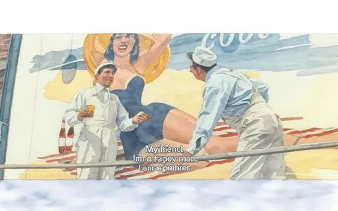 The image depicts two men standing on scaffolding in front of a large mural. The mural features a woman in a black swimsuit with a wide-brimmed straw hat, reclining on a beach. She has a bright smile and is positioned prominently in the center of the mural. The background of the mural includes light blue and beige colors, suggesting a sunny beach scene. There are also several bottles of beer depicted at the bottom of the mural, which appear to be arranged in a row.

The man on the left is wearing white overalls and a white cap. He is holding a can in his right hand and appears to be gesturing with his left hand while speaking. His expression seems animated, indicating he is engaged in conversation. The second man, on the right, is dressed in a light blue shirt and white overalls. He is looking at the first man, with a slight smile on his face, suggesting he is listening or responding to what is being said.

The scaffolding they are standing on is made of wood and is positioned in front of the mural, which is painted on a brick wall. The setting appears to be an outdoor location, likely a street or a public area where the mural is displayed. The overall atmosphere suggests a casual work environment, possibly related to painting or advertising.

The visible text in the image includes a quote at the bottom: "My friend, I'm a happy man. I am a painter." This text is displayed in a clear, white font against the background of the image. The mural itself does not contain any visible logos or trademarks, but the bottles depicted may suggest a brand associated with beer.

Overall, the scene captures a moment of interaction between the two men, with the mural serving as a colorful backdrop that adds context to their conversation.