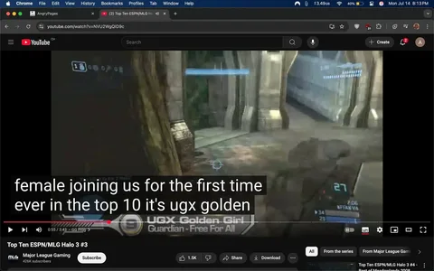 The image displays a scene from a YouTube video titled "Top Ten ESPN/MLG Halo 3 #3," hosted on the Major League Gaming (MLG) channel, which has 426K subscribers. The video features gameplay footage from the video game Halo 3. 

In the foreground, a player's HUD (Heads-Up Display) shows a score of 27, with a timer indicating 2:06 remaining. The player is identified as "WFFAEE V4." The background features a stone structure with a greenish hue, suggesting a lush environment, likely part of the game's map called "Guardian." 

Text overlays indicate a significant moment: "female joining us for the first time ever in the top 10 it's ugx golden." This suggests that a female player, referred to as "UGX Golden Girl," is being highlighted for her achievement. The tone is celebratory, emphasizing a milestone in competitive gaming. The overall mood conveys excitement and recognition within the gaming community.