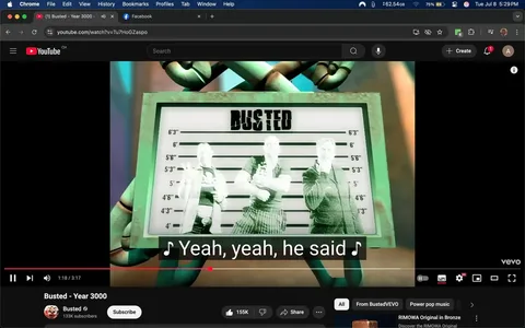 In the image, three individuals are positioned in front of a height chart, reminiscent of a police lineup, with the word "BUSTED" prominently displayed at the top in bold, stylized letters. The height chart features markings indicating various heights, ranging from 4'3" to 6'3". The individuals appear to be in a playful or humorous pose, suggesting a lighthearted context rather than a serious one.

The first person on the left is wearing a black tank top and has a confident stance, with one hand raised in a peace sign. Their expression conveys a sense of mischief or fun. The second individual, in the center, is more muscular, wearing a black shirt with a graphic design. They have their arms crossed and a slight smirk, indicating a relaxed demeanor. The third person on the right is dressed in a dark jacket and has a thoughtful expression, with one hand touching their chin, suggesting contemplation or a playful pose.

The background is colorful and slightly blurred, enhancing the focus on the trio. The overall tone of the image is upbeat and whimsical, likely intended to entertain. The use of the word "BUSTED" implies a theme of being caught or exposed, but the playful poses and expressions suggest that this is not a serious situation.

The image is framed within a digital interface, indicating it is part of a video on YouTube, with a play bar visible at the bottom. The video is titled "Busted - Year 3000," hinting at a humorous or fictional narrative. The presence of the YouTube logo and subscription button suggests a modern, digital context, appealing to a younger audience.

Overall, the composition, expressions, and playful gestures create a lighthearted atmosphere, inviting viewers to engage with the content in a fun and entertaining way. The image captures a moment that balances humor and a sense of camaraderie among the individuals, making it relatable and enjoyable for viewers.
