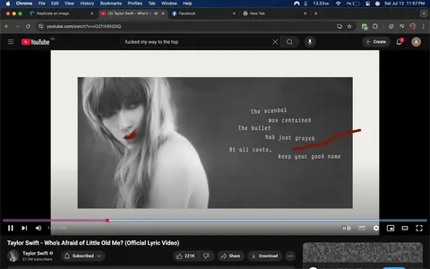 The image features a black-and-white lyric video for the song "Who's Afraid of Little Old Me?" by Taylor Swift. The central focus is a close-up of a woman with long, flowing hair that appears slightly tousled. Her hair is light-colored, possibly blonde, and cascades over her shoulders. The woman has a striking expression, with her lips painted a bold red, contrasting sharply against the monochromatic background. Her gaze is directed slightly off-camera, giving a sense of introspection or contemplation.

To the right of the woman, there is a block of text in a simple, sans-serif font. The text reads:

- "The scandal was contained"
- "The bullet had just grazed"
- "At all costs, keep your good name"

The words are arranged in a staggered format, creating a visual rhythm that draws the eye. The phrases suggest themes of secrecy, danger, and reputation, which may resonate with the song's narrative. A red underline emphasizes the word "grazed," possibly indicating its significance in the context of the lyrics.

The overall mood of the image is somber yet evocative, with a hint of drama. The woman's expression, combined with the text, conveys a sense of tension and complexity, inviting viewers to ponder the underlying story. The use of black and white enhances the emotional weight, creating a timeless quality.

The branding is minimal, with the YouTube logo visible in the upper left corner, indicating the platform where the video is hosted. Below the video, the channel name "Taylor Swift" is displayed, along with a subscriber count of 61.2 million, highlighting her popularity.

This image encapsulates a moment of artistic expression, blending visual elements with lyrical content to evoke a specific emotional response. The combination of the woman's expression, the text, and the overall aesthetic creates a compelling narrative that invites deeper exploration of the song's themes.