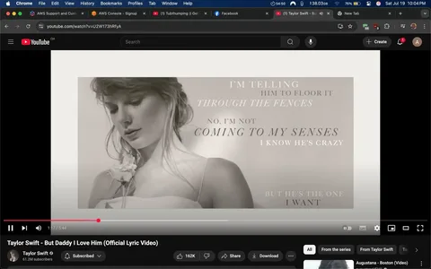 The image is a still from a YouTube lyric video for the song "But Daddy I Love Him" by Taylor Swift. It features a close-up of a woman with light brown hair styled in soft waves, looking down with a contemplative expression. She holds a small white flower in her right hand, which adds a delicate touch to the image. The background is a muted, light color, enhancing the focus on her face and the text overlay.

The text includes lyrics from the song, presented in a mix of bold and italicized fonts, conveying a sense of urgency and emotional conflict. Phrases like "I’m telling him to floor it" and "I know he’s crazy" suggest themes of love and rebellion. The overall tone is introspective and emotional, reflecting the complexities of romantic relationships.

The branding is clear, with the YouTube logo and Taylor Swift's name prominently displayed. The video has a view count and engagement metrics visible, indicating its popularity. There are no explicit or controversial elements in the image. The composition suggests a narrative of longing and defiance, characteristic of Swift's storytelling style.