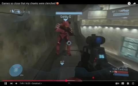 The image depicts a scene from a video game, likely from the "Halo" series, showcasing a first-person shooter perspective. The player is aiming a weapon, indicated by the crosshair in the center of the screen. The weapon appears to be a Battle Rifle, as suggested by the HUD (Heads-Up Display) elements. The HUD displays the player's current ammunition count (36 rounds) and a health indicator (117), along with a mini-map showing a distance of 25 meters to a target.

In the foreground, the player character is holding the weapon steady, suggesting a moment of tension or focus. The character is wearing a futuristic armor suit, which is predominantly black with blue accents. The armor design is sleek and angular, typical of the "Halo" aesthetic. 

In the background, another character, identified by the name "Gordy-G," is visible. This character is clad in bright red armor, which stands out against the muted tones of the environment. The red armor features some glowing elements, possibly indicating health or power status. Gordy-G appears to be in a defensive stance, holding a weapon, which implies an imminent confrontation. The positioning of both characters suggests they are in close proximity, heightening the tension of the moment.

The environment is a dimly lit corridor with metallic walls, featuring a textured surface that adds depth to the scene. The lighting is soft, with some illuminated panels along the walls, creating a slightly ominous atmosphere. The overall tone of the image conveys a sense of urgency and anticipation, typical of competitive gaming scenarios.

The text overlay at the top reads, "Games so close that my cheeks were clenched," which adds a humorous yet relatable commentary on the intensity of the gameplay. This suggests that the moment captured is part of a high-stakes situation, where players are deeply engaged and possibly anxious about the outcome.

Overall, the composition emphasizes the action and interaction between the characters, with the HUD providing essential gameplay information. The visual elements work together to create a vivid snapshot of a competitive gaming experience, highlighting both the excitement and tension inherent in such scenarios.