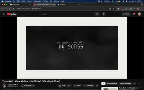 The image displays a lyric video from YouTube for the song "Who's Afraid of Little Old Me?" by Taylor Swift. The background is predominantly black with a smoky texture, creating a moody atmosphere. In the center, the text reads: "Put narcotics into all of my songs," with "my songs" emphasized in a larger, stylized font. The text is white, contrasting sharply against the dark background, enhancing its visibility. 

At the bottom, the video title and artist name are displayed: "Taylor Swift - Who's Afraid of Little Old Me? (Official Lyric Video)." Below this, the channel name "Taylor Swift" appears, along with a subscriber count of 61.2 million. The interface includes standard YouTube controls, such as "Subscribe," "Share," and "Download." 

The overall tone is introspective and potentially controversial due to the mention of narcotics, suggesting a deeper commentary on the artist's experiences or societal issues. The mood is dark and reflective, inviting viewers to engage with the lyrics' meaning.