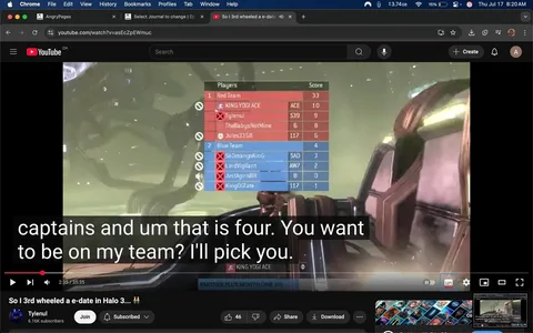 The image shows a screenshot from a YouTube video titled "So I 3rd wheeled a e-date in Halo 3" by a user named Tylenul. The video appears to be a gaming session, likely from the game Halo 3, featuring a scoreboard with two teams: Red Team and Blue Team. 

**Subjects & Objects:** 
- The scoreboard lists player names and scores. 
- Red Team includes players like KING YOGI ACE, Tylenul, TheBabysNotMine, and Jules3358. 
- Blue Team includes players like SaDmangoKinG, LordVigilant, and KingOGtate.

**Actions & Relationships:** 
- The players are competing in a game, with scores displayed next to their names. 

**Context & Text:** 
- The visible text includes player names and scores, with Red Team leading. 
- There are also subtitles that indicate someone is speaking, asking if someone wants to be on their team.

**Risks & Sensitivity:** 
- No NSFW or violent content is present.

**Mood & Subtext:** 
- The tone seems casual and playful, typical of gaming commentary. The lighting is digital and atmospheric, consistent with a video game setting.