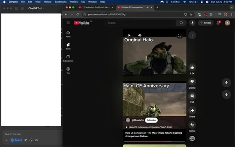 The image displays a split-screen view from a YouTube video. On the left side, there is a white space, likely a blank document or application window. On the right, the YouTube interface is visible in dark mode, featuring a video comparison titled "Halo CE comparison 'The Maw.'" 

The video showcases two scenes: the top half displays a character from the original "Halo" game, while the bottom half features the same character from the "Halo: CE Anniversary" version. Both characters are in green armor, with the top character appearing more pixelated and less detailed, indicative of the original game's graphics. The bottom character has enhanced graphics, showcasing improved textures and lighting.

Text overlays identify each segment: "Original Halo" at the top and "Halo: CE Anniversary" at the bottom. Below the video, there are engagement metrics showing 9.5K likes and 298 dislikes, along with a subscribe button for the channel named @Morale16. The overall tone suggests a nostalgic comparison of video game graphics, appealing to fans of the franchise.