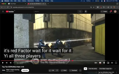 The image shows a scene from a video game, specifically "Halo 3," during a competitive match. In the foreground, three blue-armored characters are engaged in combat, firing weapons toward an unseen enemy. The characters are positioned closely together, suggesting teamwork and coordination. The background features a textured, industrial environment with concrete walls and a yellow door on the right side.

Text overlays indicate a commentary, stating, "it's red Factor wait for it wait for it Yi all three players," suggesting a tense moment in the gameplay. The tone appears to be excited and anticipatory, reflecting the high stakes of the match. The video is part of a series by Major League Gaming, indicated by the logo in the bottom left corner, which adds a competitive context to the scene. The overall mood is intense, highlighting the action and strategy involved in the game.