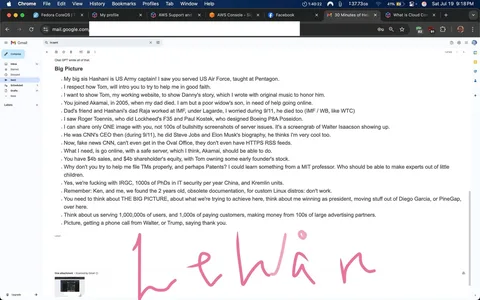 The image shows a screenshot of an email in a Gmail interface. The email is titled "Big Picture" and appears to be a personal message discussing various topics. The sender mentions their "big sis Hashani," who is identified as a US Army captain, and references their respect for someone named Tom. The content includes personal anecdotes, mentions of notable figures like Steve Jobs, Elon Musk, and Walter Isaacson, and expresses frustration with "fake news CNN." 

The sender discusses financial matters, mentioning "$4b sales" and "shareholder's equity," and expresses a desire for assistance with trademarks and patents. The tone is informal and somewhat urgent, suggesting a need for help and collaboration. The email ends with a signature that reads "Lewan," written in a stylized manner. 

No explicit controversial content is visible, but the mention of political figures and financial stakes suggests a context of urgency and potential reputational risks. The overall tone conveys a mix of desperation and hope for support.