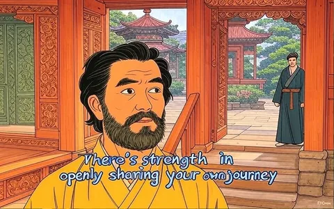 In the image, we see a scene that conveys a moment of introspection and emotional depth. The setting appears to be an elegant interior, possibly a grand staircase area in a building, characterized by warm lighting that casts a soft glow over the surroundings. The light creates an inviting atmosphere, with a hint of nostalgia.

The central figure in the frame is a man with a distinct appearance. He has tousled, curly hair and a well-groomed beard, both of which frame his face and add to his expressive demeanor. He is dressed in a light-colored, high-collared garment that suggests a formal or historical style, contributing to the overall ambiance of the scene. His gaze is directed upward, suggesting a moment of contemplation or earnestness as he engages in conversation. The expression on his face is one of sincerity, perhaps even vulnerability, as he seems to be sharing a significant thought or insight.

The text overlay reads, "There's a lot of power in sharing your story," which adds a layer of meaning to the visual. This statement implies that the conversation is centered around themes of personal narrative, communication, and the impact of storytelling. The man's expression and posture reinforce the weight of his words, suggesting that he believes deeply in the importance of sharing experiences and connecting with others through stories.

In the background, we can see a staircase leading upward, which might symbolize a journey or progression, further enhancing the theme of storytelling as a means of personal growth or transformation. The staircase is well-lit, drawing the viewer's eye and adding depth to the composition. There are also decorative elements, such as flowers or plants, that add a touch of life and warmth to the scene.

Overall, the image captures a poignant moment that invites viewers to reflect on the significance of sharing one's experiences and the connections that can be forged through storytelling. The combination of the man's earnest expression, the warm lighting, and the thoughtful message creates a powerful visual narrative that resonates with themes of vulnerability, connection, and the human experience.