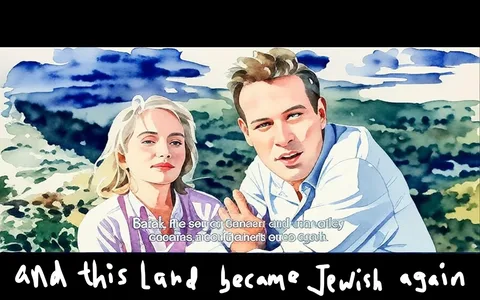 1) Description:
The illustration depicts Eva Marie Saint and Paul Newman, characters from the movie "Exodus (1960)." They are outdoors with a scenic landscape in the background. The style is watercolor, and both characters appear to be engaged in a conversation. Eva Marie Saint is wearing a striped shirt, and Paul Newman is in a light-colored shirt, gesturing with his hand. The mood is contemplative.

2) On-screen text block:
- Captions / subtitles: "Barak, the son of Canaar, and ran alley", "Coceras, about Gaheris once again."